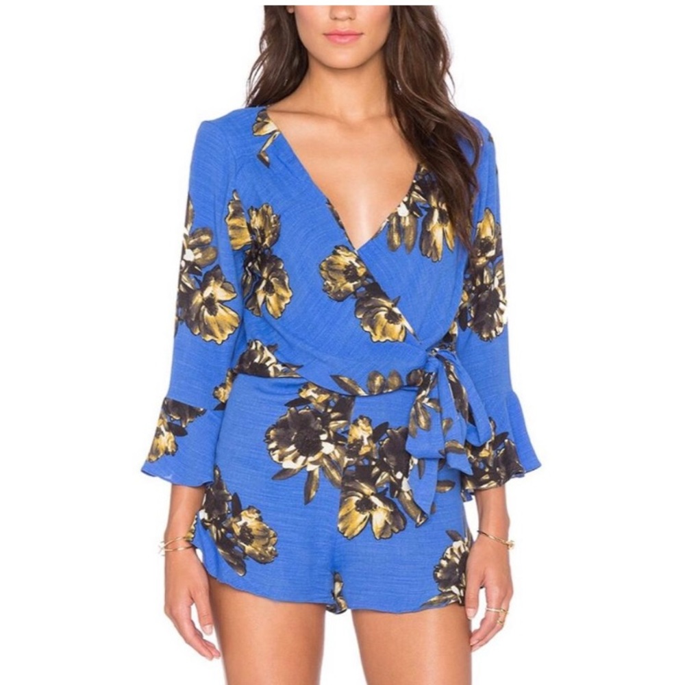 Free People All The Right Ruffles Romper Blue Floral Size M